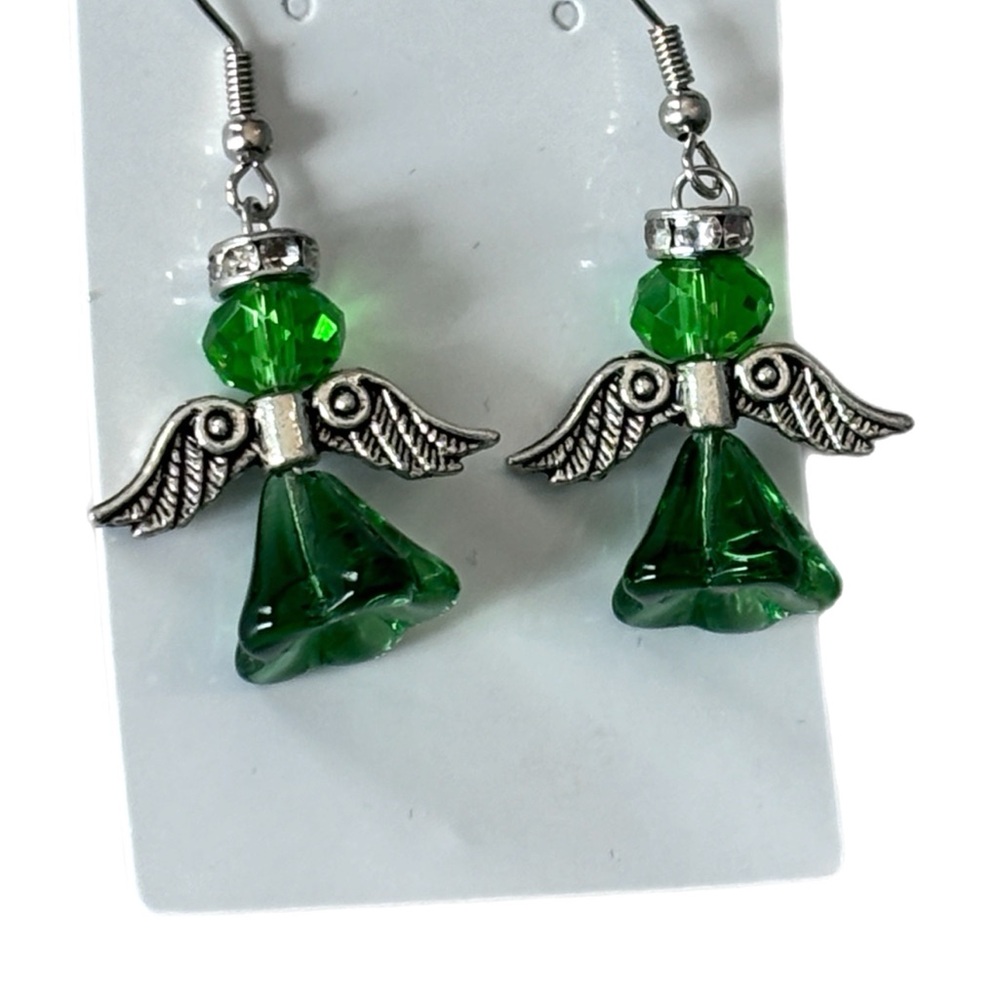 Silver and Green Angel Earrings Hand Crafted - Picture 3 of 3
